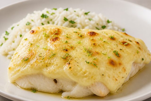 Abadejo gratinado com purê cremoso de batata e limão
