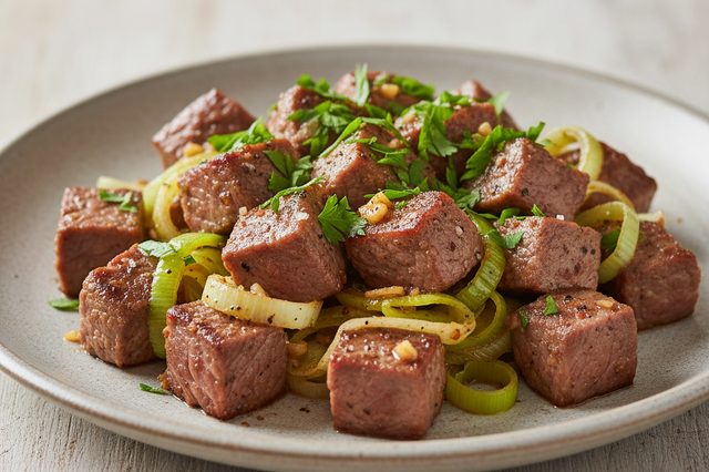 Iscas de Carne com Alho-Poró na Air Fryer