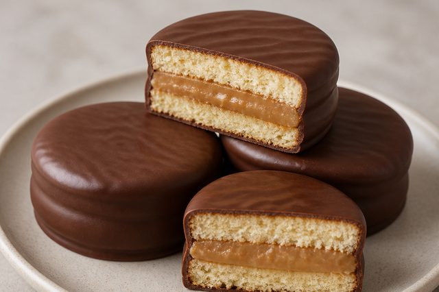 Alfajor de amido com recheio de whey de doce de leite
