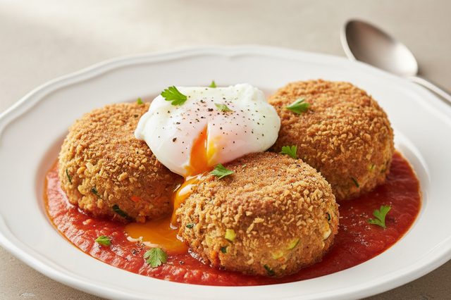 Almôndegas com legumes panko e ovo