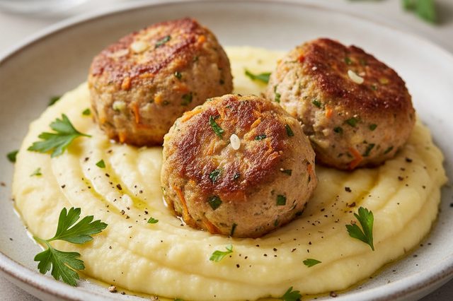 Almôndegas de frango com legumes e purê de baroa