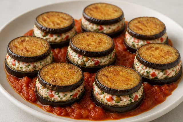 Aperitivo de berinjela com creme de iogurte e pimentão