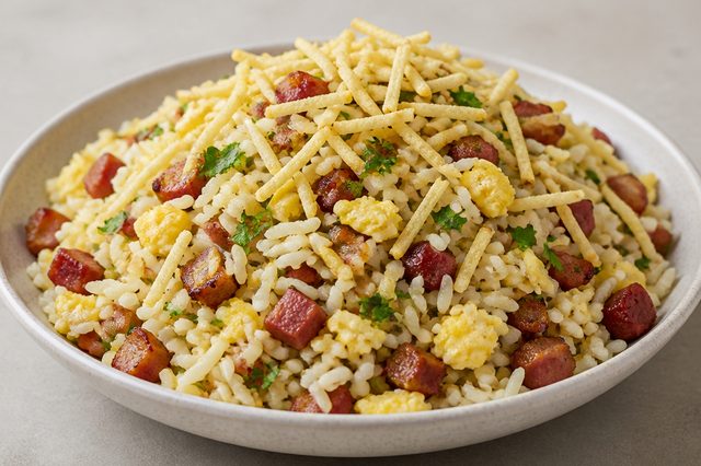 Arroz biro-biro com bacon e calabresa