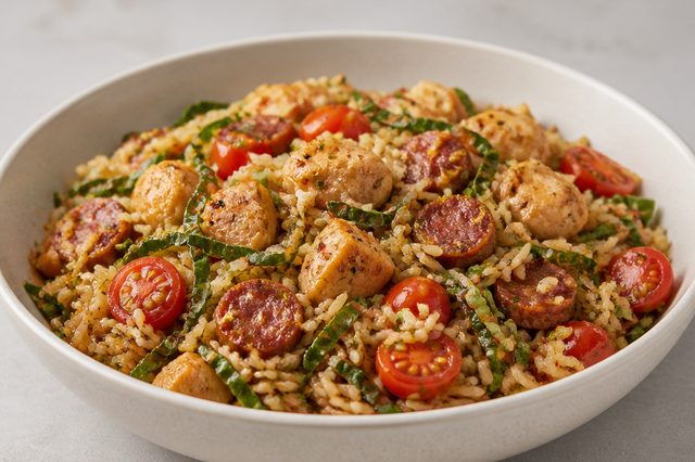 Arroz caipira de frango, linguiça e couve