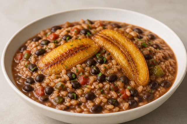 Arroz caldoso de feijão com banana dourada