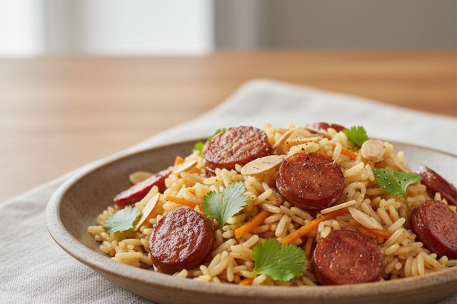 Arroz com calabresa e amêndoas