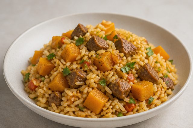 Arroz com carne de sol e abóbora