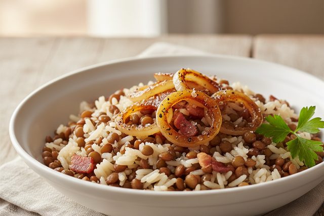 Arroz com lentilha e cebola dourada