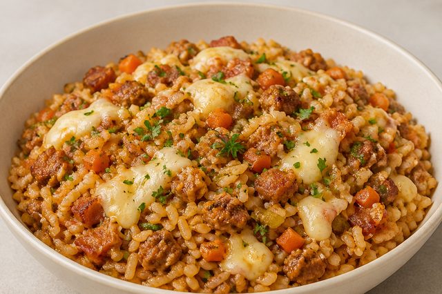 Arroz com linguiça toscana bacon e alho-poró