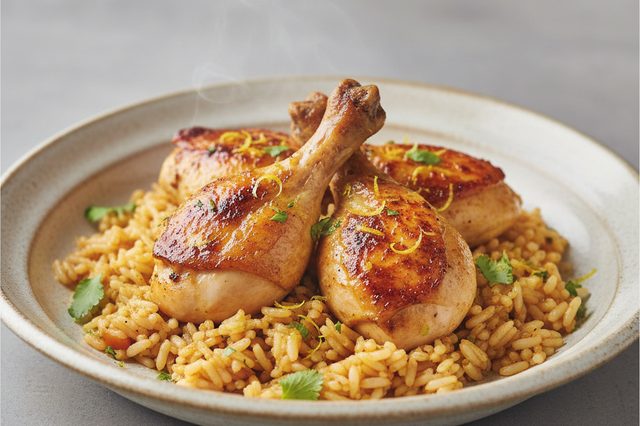 Arroz com sobrecoxa de frango em uma panela