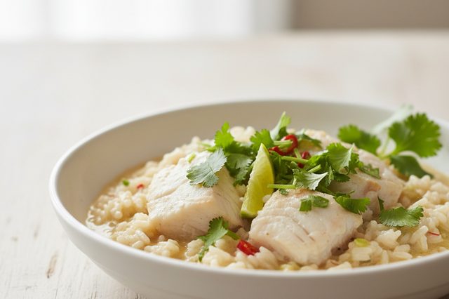 Arroz cremoso com peixe e coentro