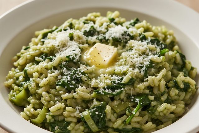 Arroz cremoso de alho-poró e espinafre