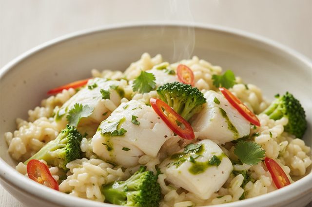 Arroz cremoso de bacalhau com brócolis e cambuci