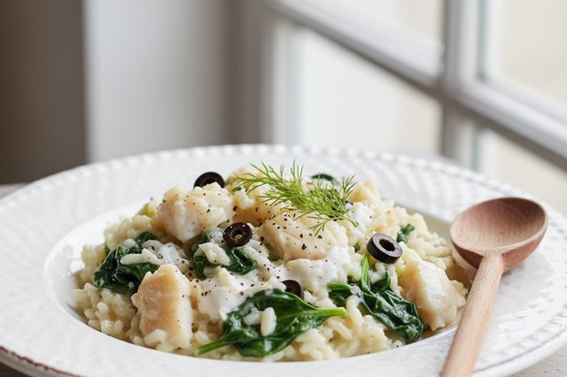 Arroz cremoso de bacalhau com espinafre