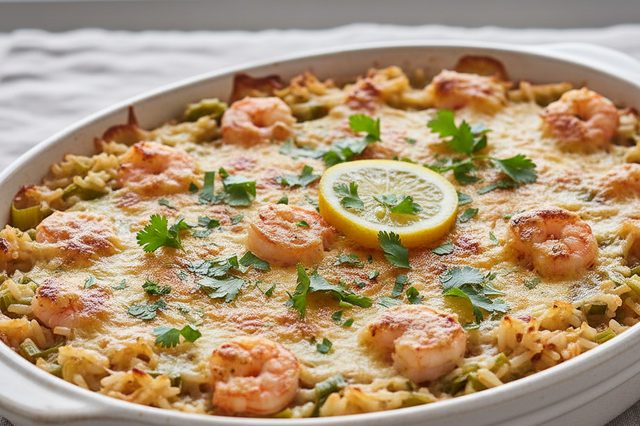 Arroz cremoso de camarão com alho-poró gratinado