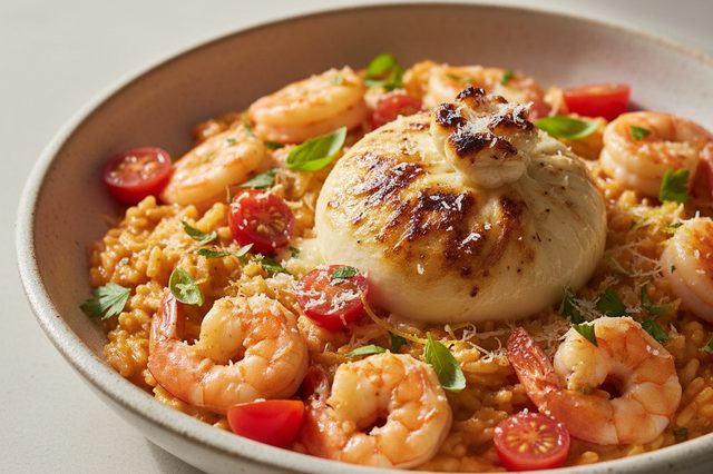 Arroz cremoso de camarão com burrata gratinada
