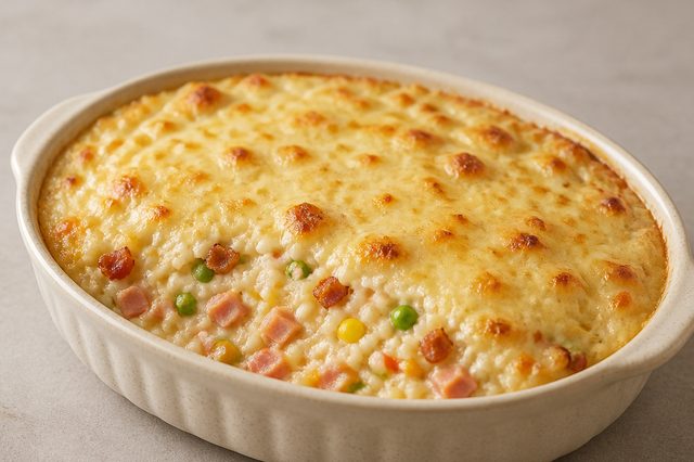 Arroz cremoso de forno com bacon presunto e legumes
