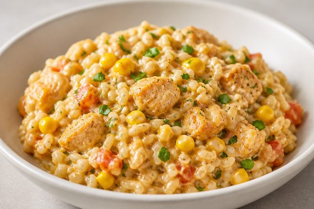 Arroz cremoso de frango com milho e queijo