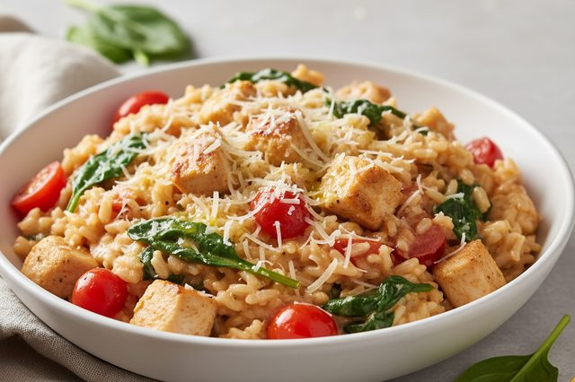 Arroz cremoso de frango tomate e espinafre