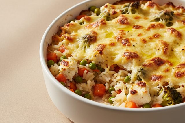 Arroz de forno com legumes e cottage