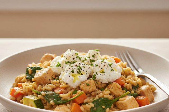 Arroz de frango com legumes e cottage
