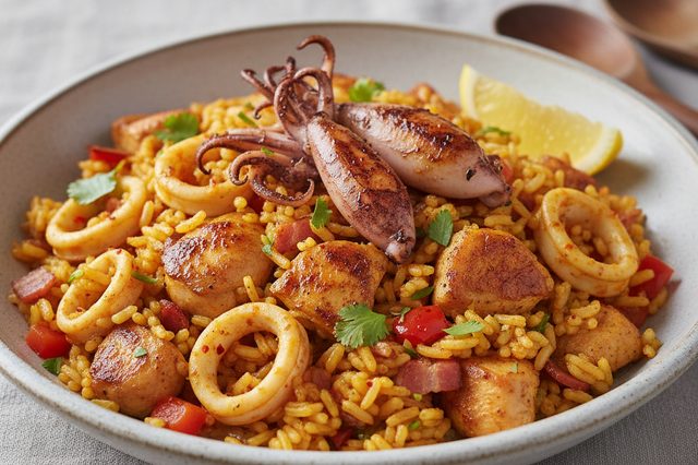 Arroz de frango com lula e páprica