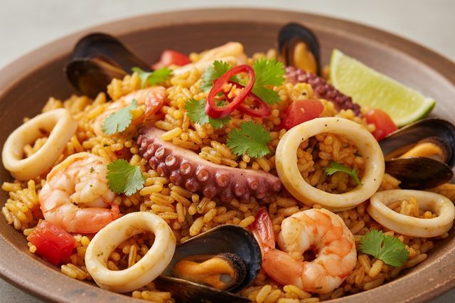 Arroz de frutos do mar com tomate e coentro