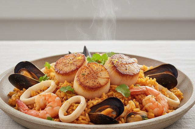 Arroz de frutos do mar com vieiras grelhadas