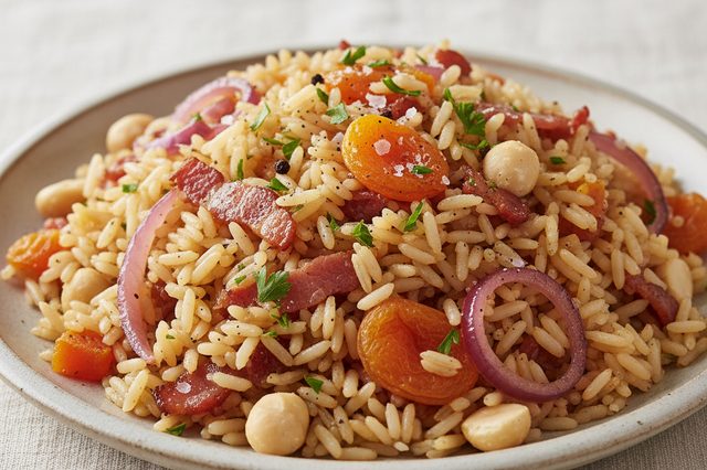 Arroz festivo com bacon damasco e macadâmia