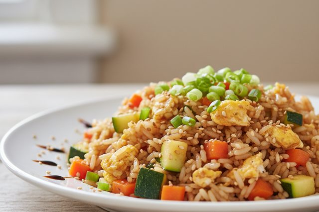 Arroz frito com ovos cenoura e abobrinha