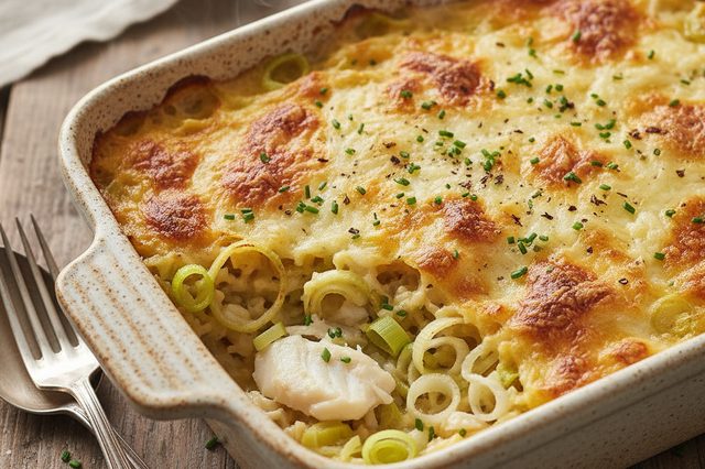 Arroz gratinado de bacalhau com alho-poró