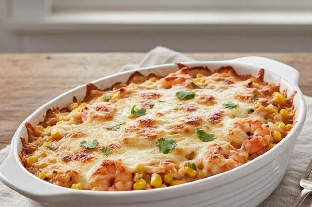 Arroz gratinado de camarão com milho e requeijão