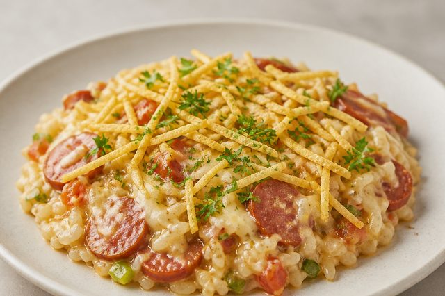 Arroz cremoso com linguiça, requeijão e batata palha