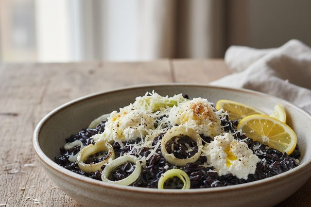 Arroz negro cremoso com alho-poró