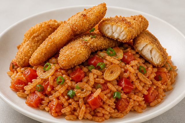 Arroz vermelho com iscas crocantes de peixe