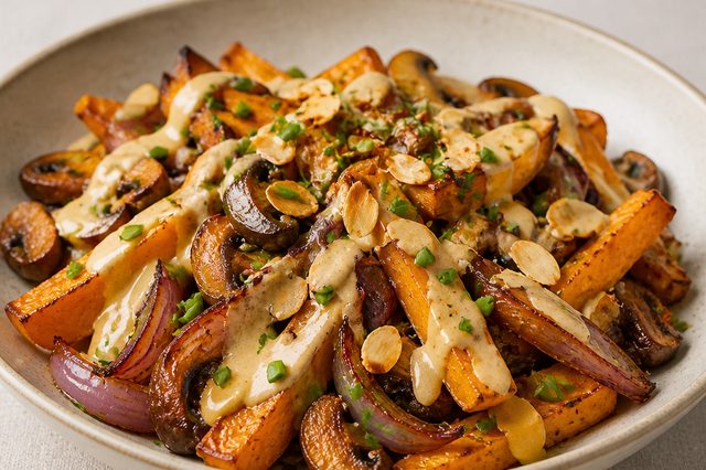 Assadeira de batata-doce e cogumelos com molho de tahine