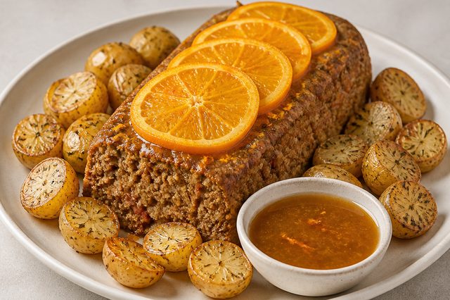 Assado de lentilhas com batatas e molho de laranja