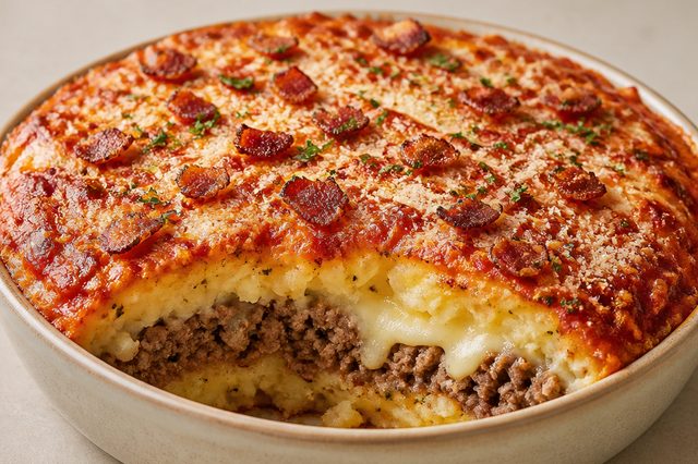 Assado recheado de carne moída e batata com muçarela