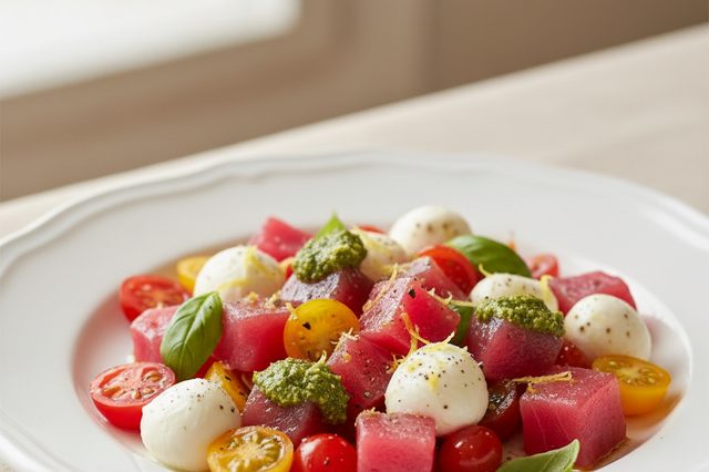 Atum caprese com pesto de manjericão