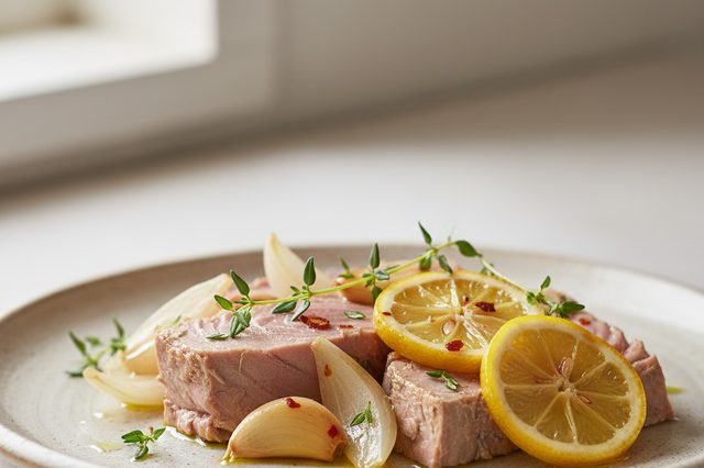 Atum confitado com cebola alho e limão