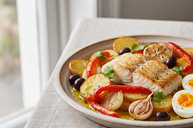 Bacalhau assado com batatas pimentão e ovos