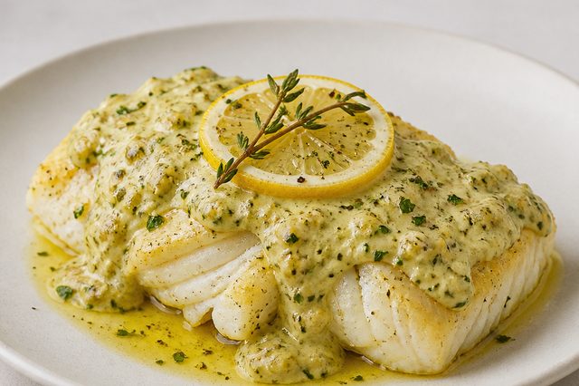 Bacalhau assado com creme de azeitonas