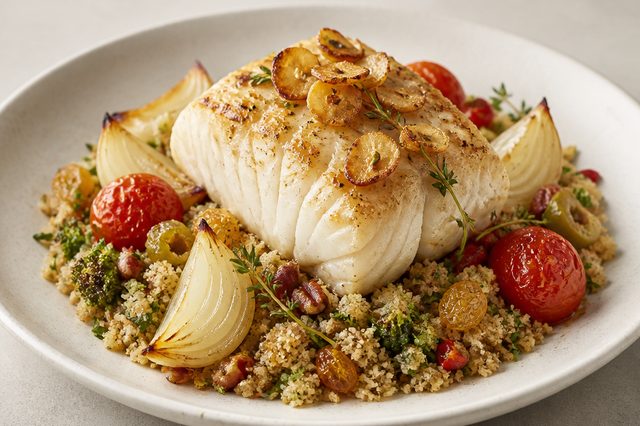 Bacalhau assado com farofa de brócolis e alho crocante