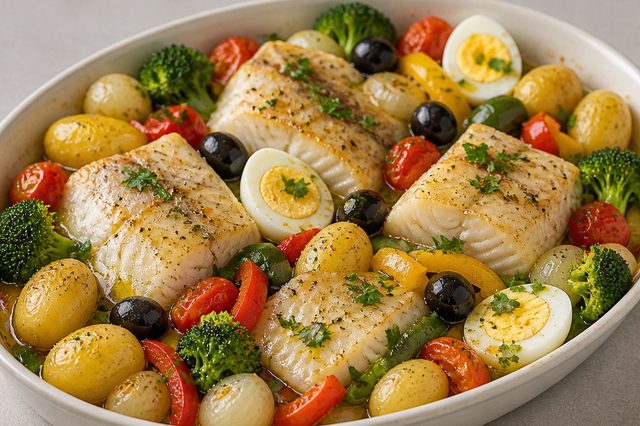 Bacalhau assado com legumes azeite e ovos