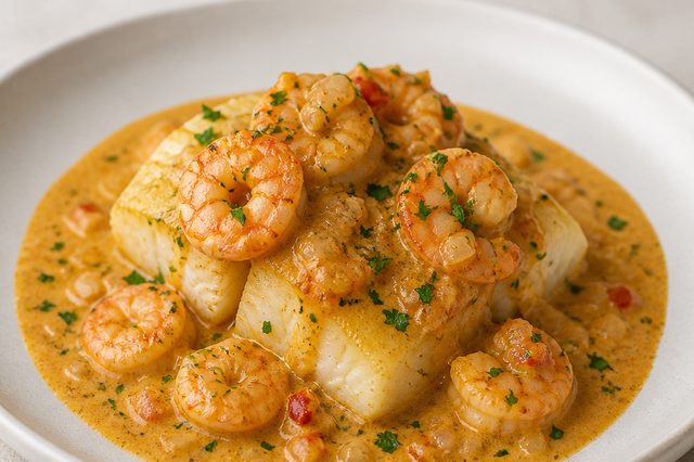 Bacalhau assado com molho de camarão