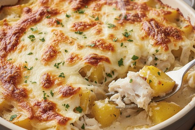 Bacalhau com natas e batatas assadas