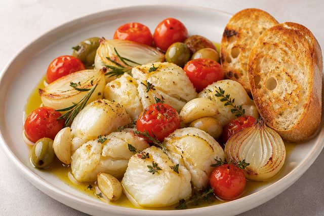 Bacalhau confitado com tomate e cebolinhas