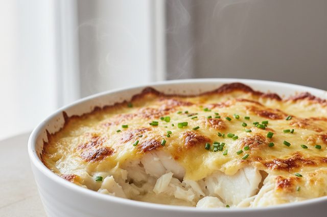 Bacalhau cremoso gratinado ao leite