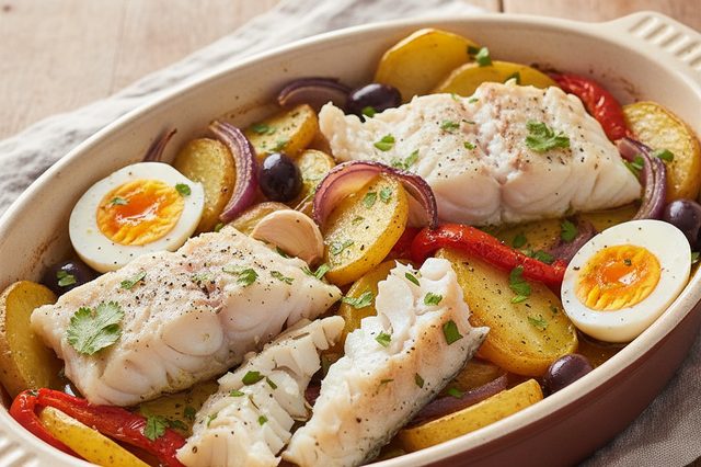 Bacalhau de forno com batatas pimentão e azeitonas