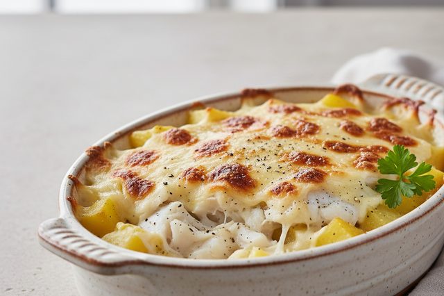 Bacalhau gratinado com batatas e muçarela